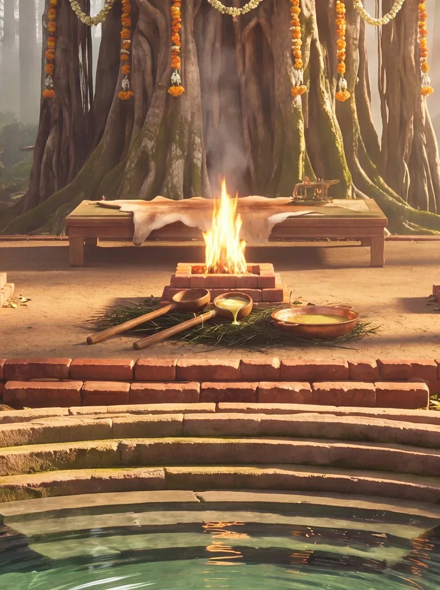 The altar and the stepped pool, the ladles set beside the fire